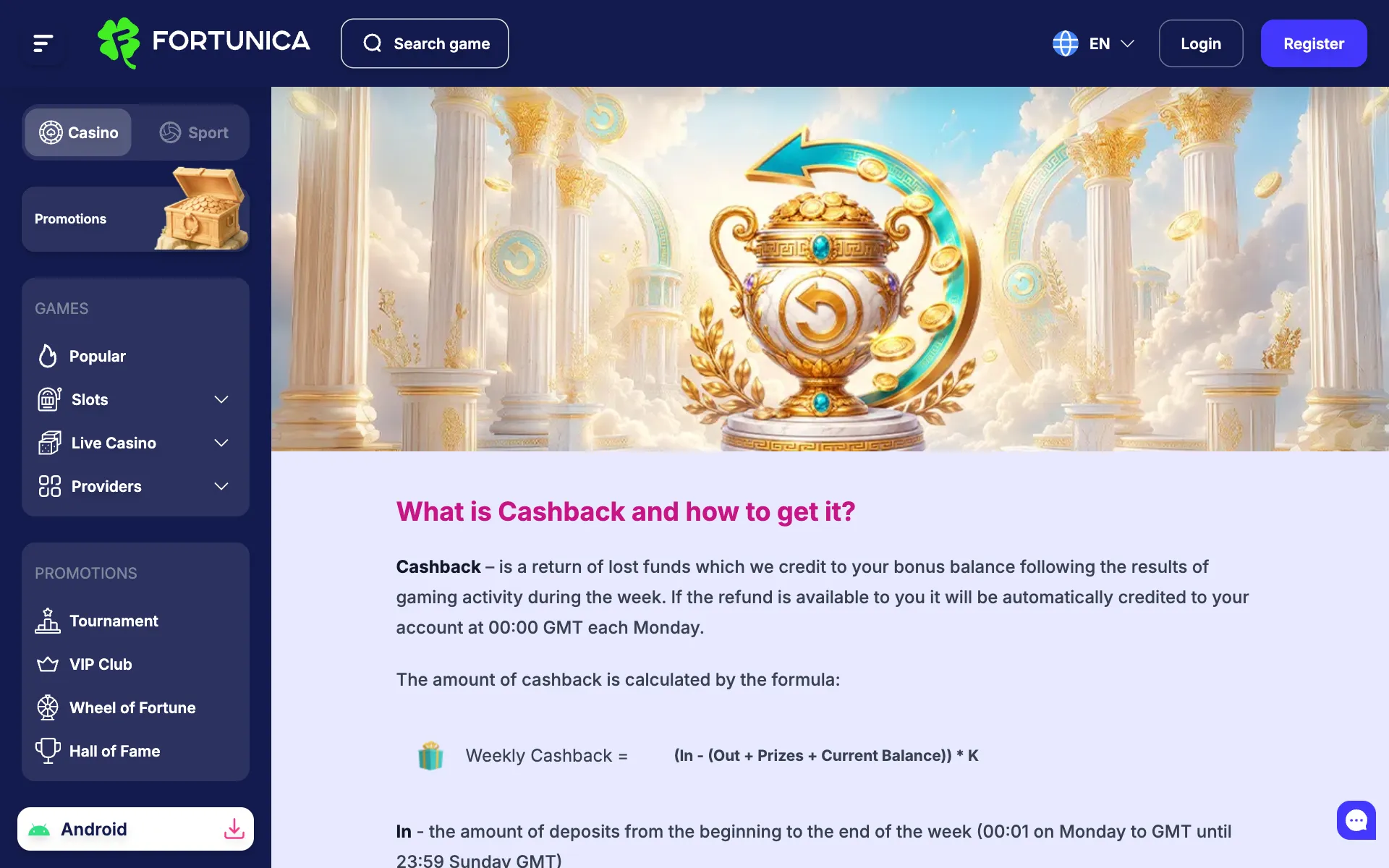 Fortunica weekly cashback page explaining how the refund is worked out