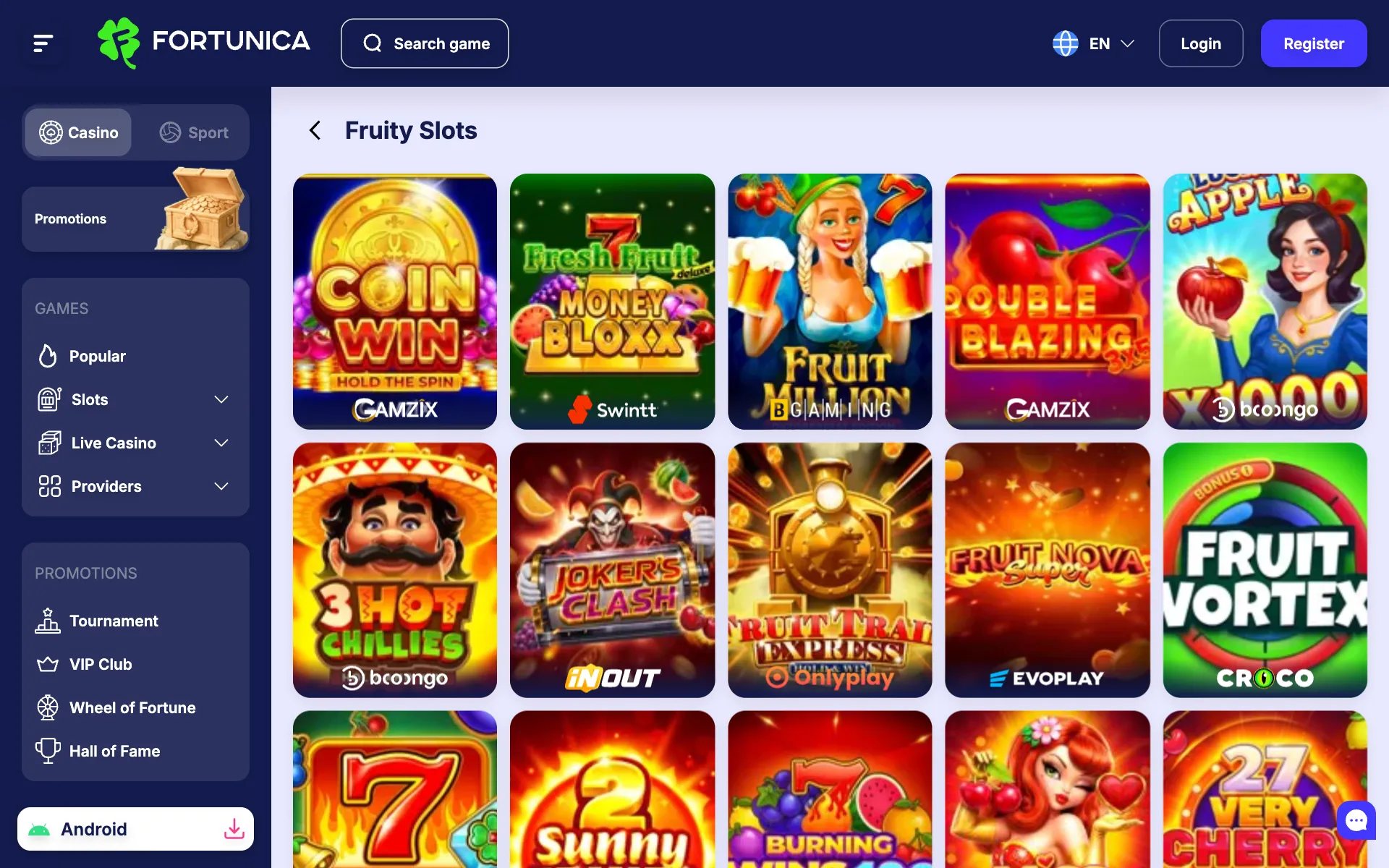 Fortunica Casino Fruity Slots shelf with classic fruit machine tiles